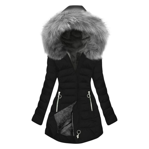 QQAMB Women's Winter Coats Warm Solid Color Long Elegant Quilted Puffer Jacket with Faux Fur Hood Warm Thicken Parka Black XL
