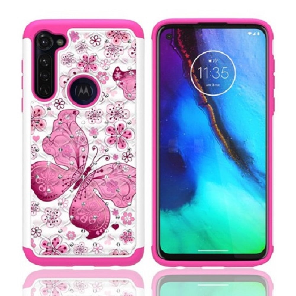 Motorola Moto G Stylus (2020) Phone Case Screen Size 6.4', Studded Rhinestone Crystal Cover Case (White Pink Butterfly)