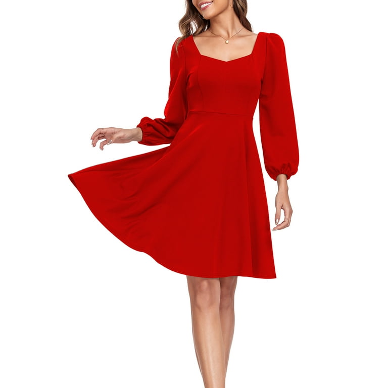 Womens Formal Long Sleeve Dress Elegant Square Neck Party Skater Dresses for Women Wedding Guest Dresses Walmart
