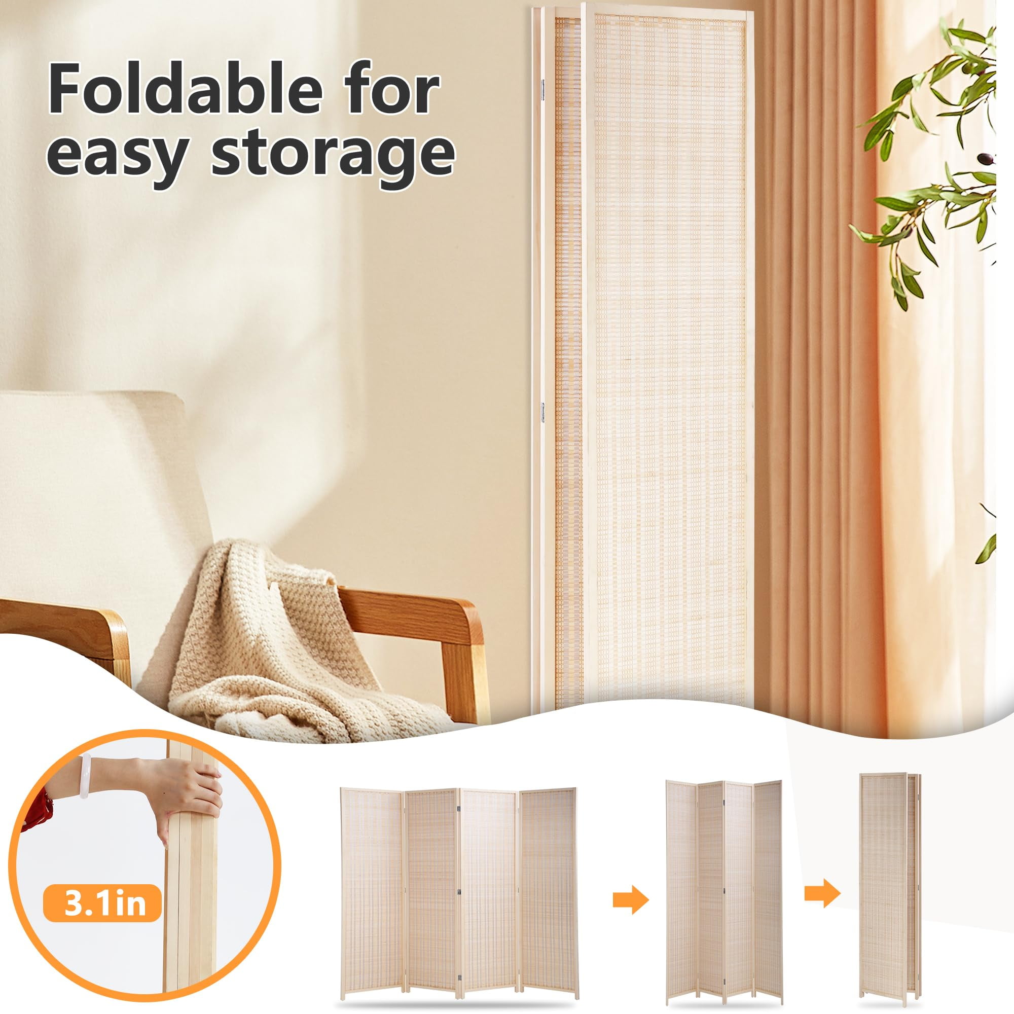 YRLLENSDAN Tall Room Dividers and Folding Privacy Screens, Wall Divider for Room Separation, Bamboo Wood Room Partition with 4 Panels Freestanding Indoor, Beige