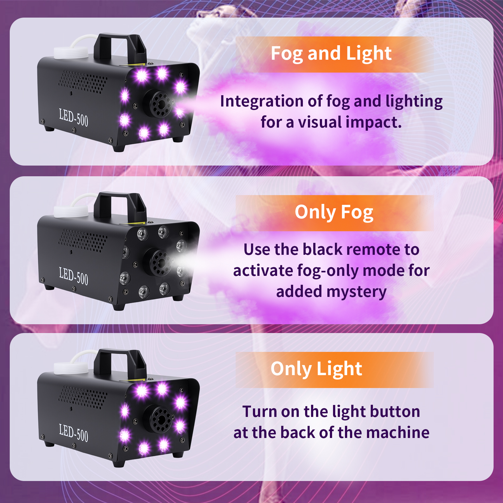 Fog Machine with 13 Colorful LED Lights Effect, 500W Smoke Machine with 1 Wired Receiver and Wireless Remote Controls, Auto Mode 2000CFM Fog, Perfect for Wedding, Halloween, Party and Stage Effect