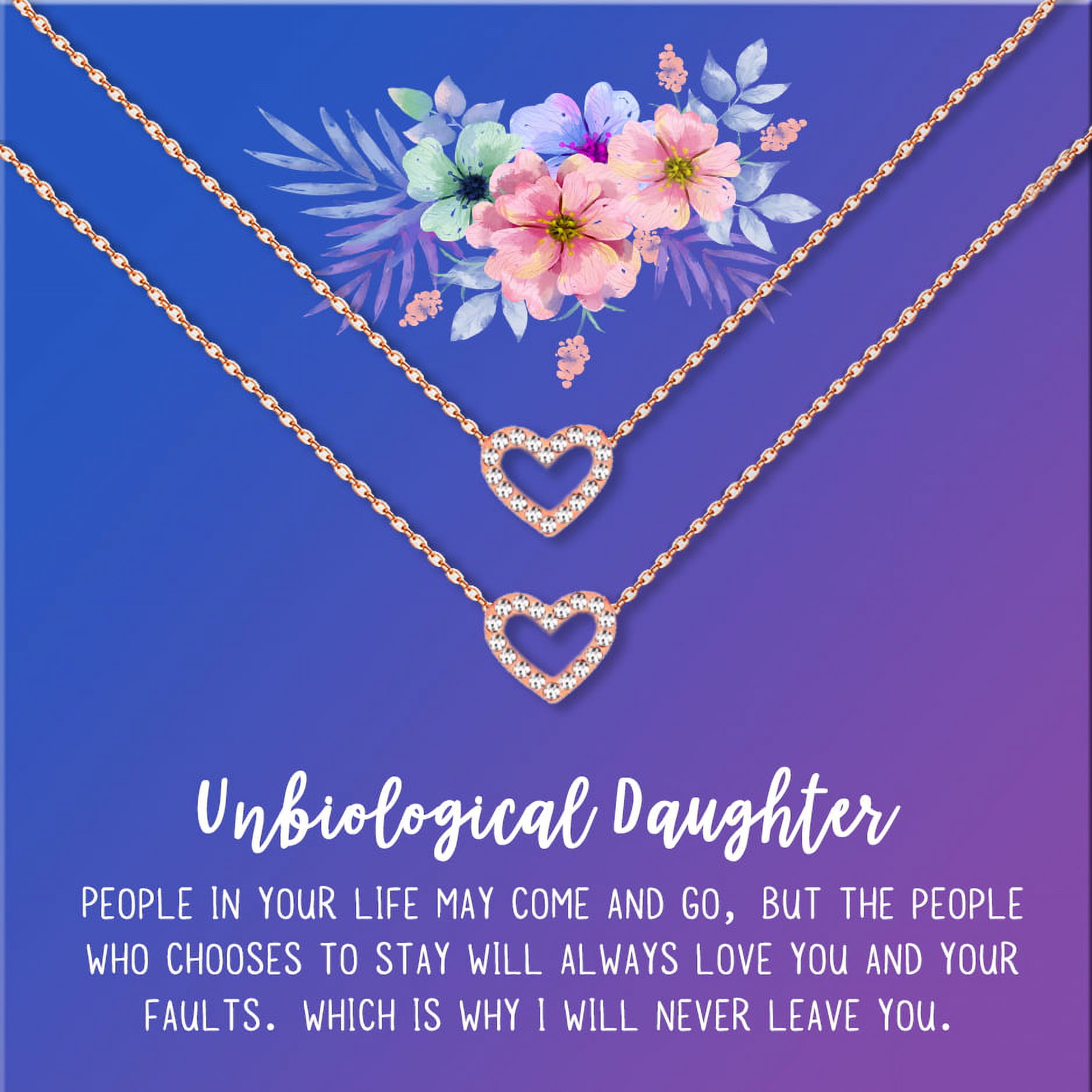 Anavia Unbiological Daughter Jewelry, Step Daughter Necklace Gift, Bonus Daughter Birthday Card Gift, Mother Daughter Set Necklace-[Two Rose Gold Mini Crystal Heart, Blue-Purple Gift Card]