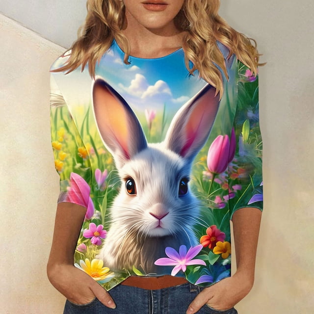 BVOFAR Chemises de Pâques pour Femmes T-Shirts Imprimé Lapin Mignon Manches 3/4 Tunique Ample Blouses Col Rond Décontracté 2025