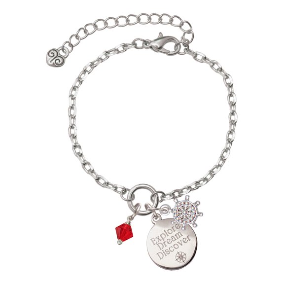 Delight Jewelry July - Red Crystal Bicone Silvertone Discover Dream Explore Zoey Charm Bracelet, 6.5 2" Extender