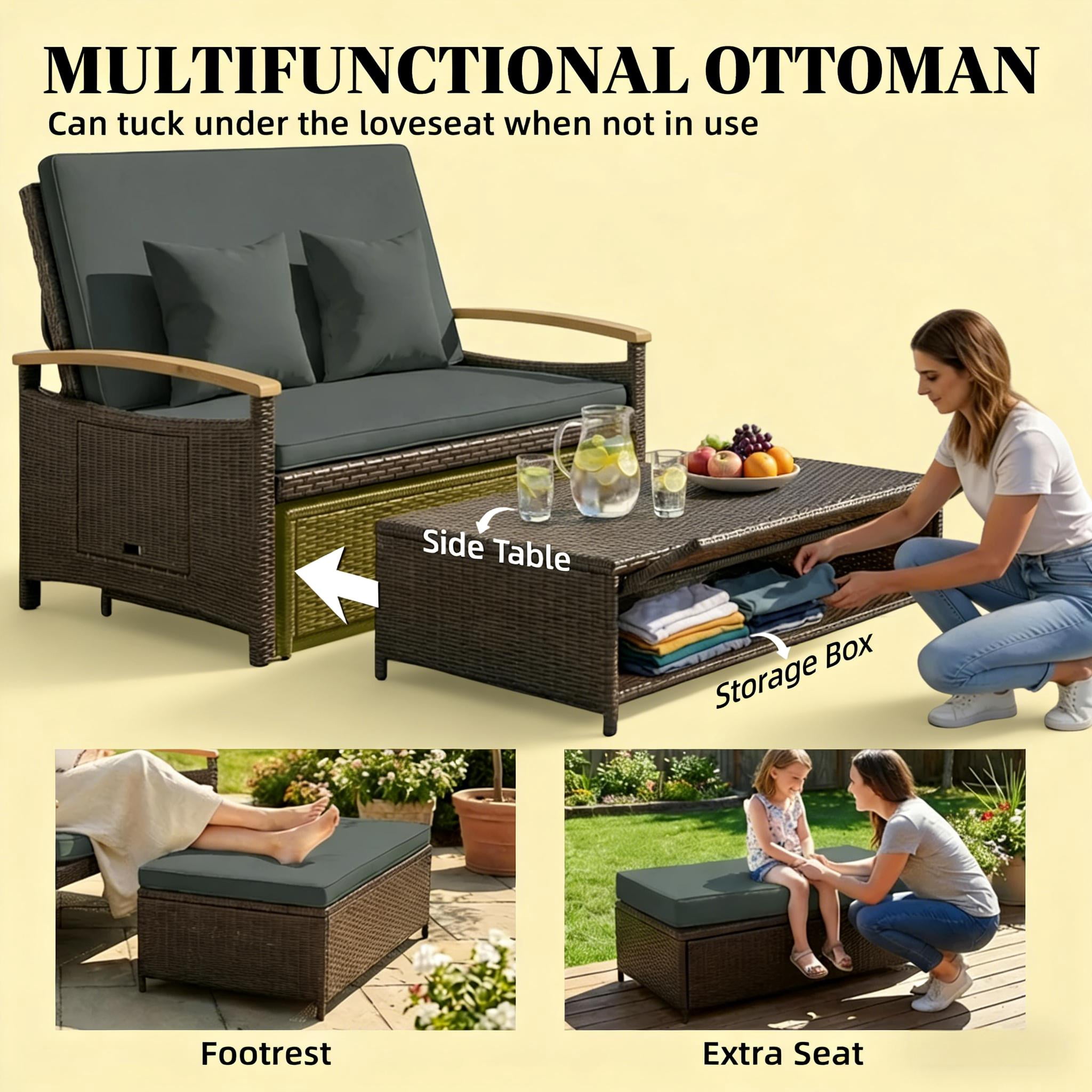 4-in-1 Rattan Outdoor Daybed with 4-Level Adjustable Backrest, Storage Ottoman and Side Tables