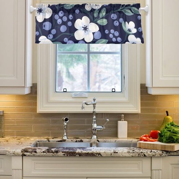 Blueberries Flowers Leaves Floral Curtain Valances Farmhouse Design Window Treatment Decor Blackout Rod Pocket for Windows Living Room Kitchen 54" x 18"