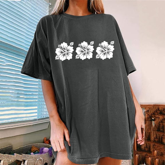 ClodeEU Women's Plus Size Floral Print Drop Shoulder Short Sleeve T-Shirt ,Loose Fit Casual Crewneck Top Gray,Womens Plus XL