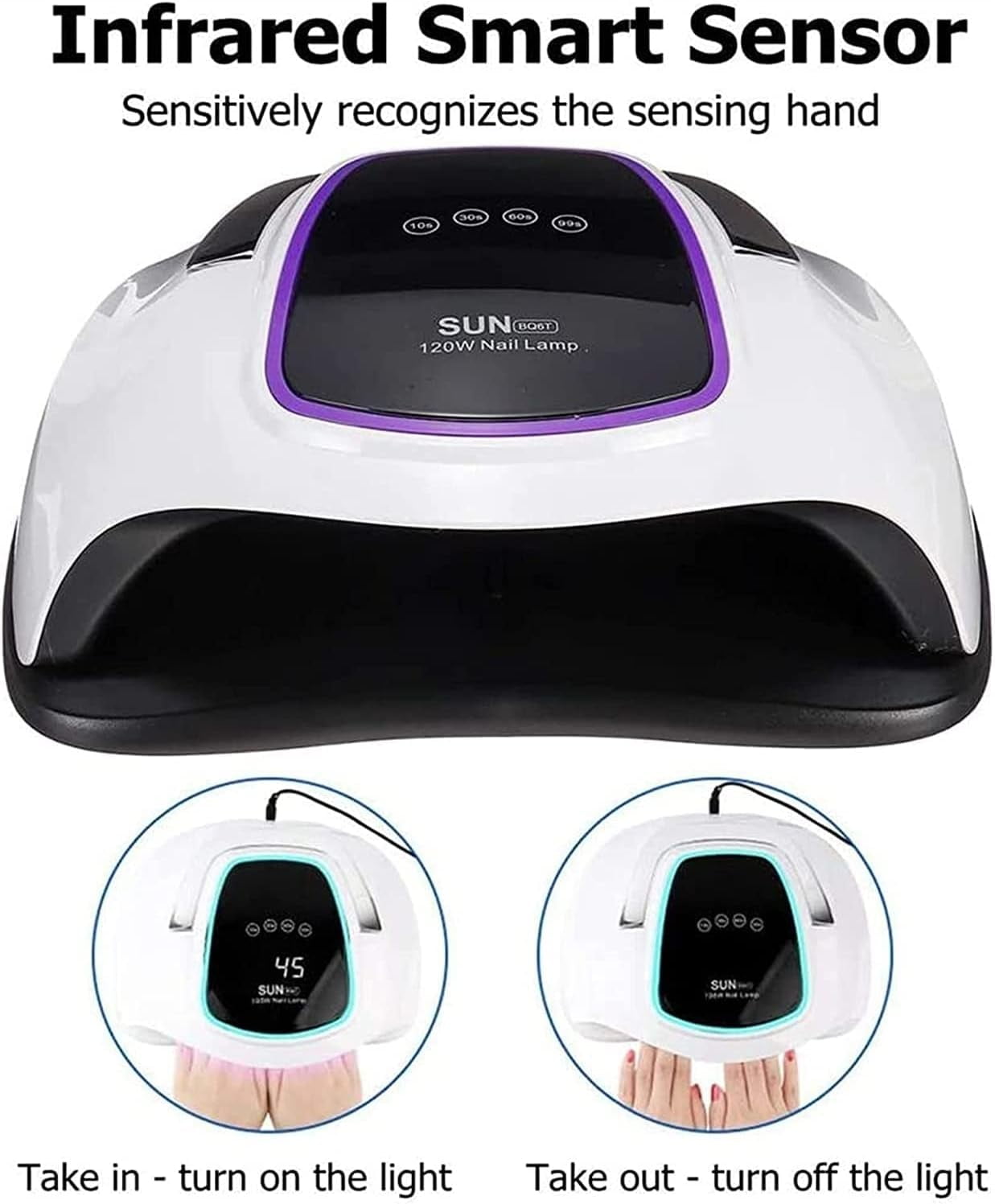 UV Gel Nail Lamp 120W LED Nail Light Fast Nail Dryer for Gel Polish Curing with 4 Timers Portable Handle Large Space Automatic Sensor
