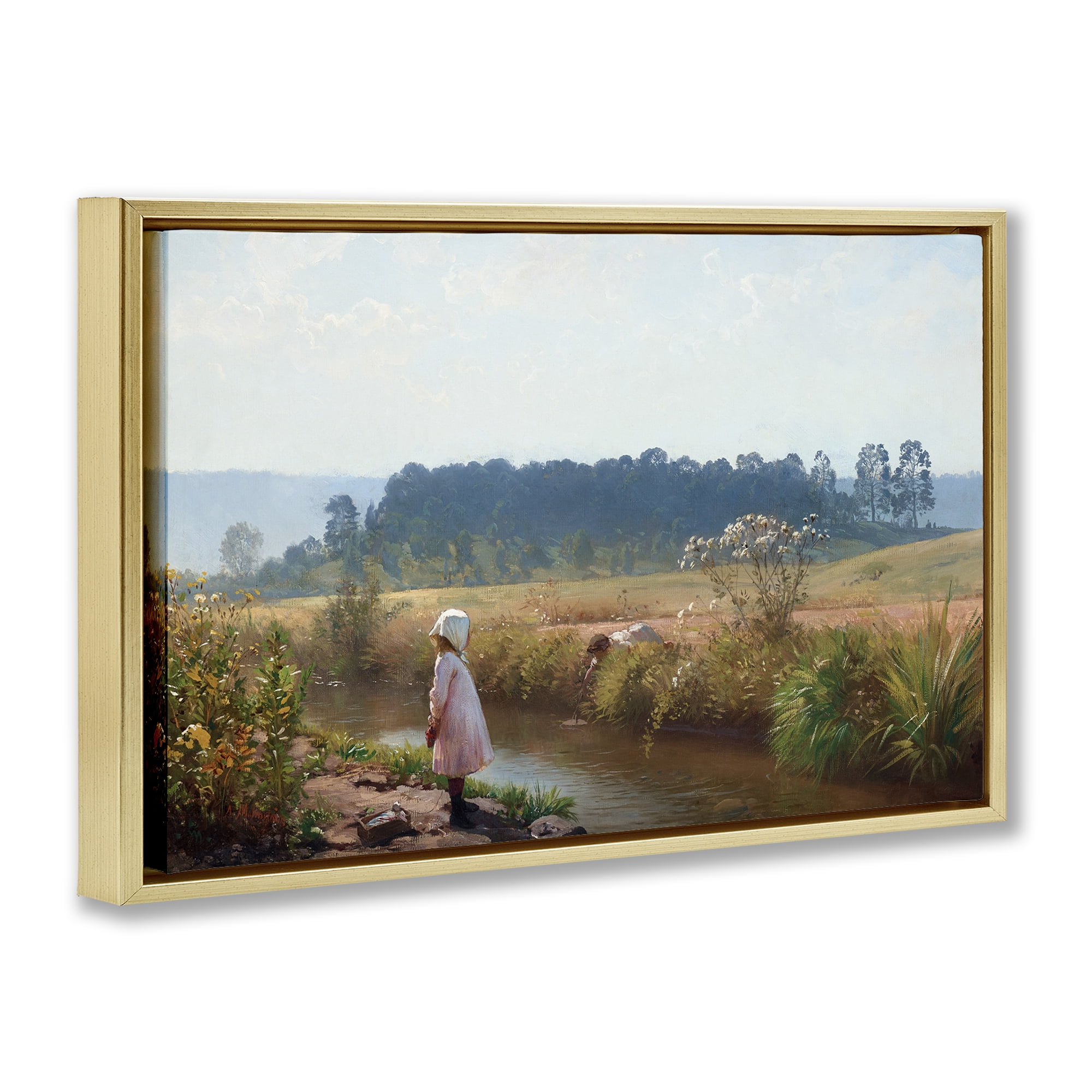 Stupell Industries Down By The River Landscape & Nature Painting Gold Floater Framed Canvas Art Print Wall Art, 31 x 21