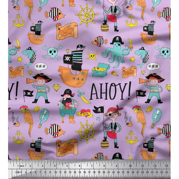 Soimoi Georgette Viscose Fabric Ship Wheel,Pirate Boy & Jellyfish Ocean Print Fabric by The Yard 42 Inch Wide