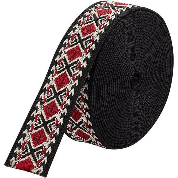 5 Yards Ethnic Embroidery Polyester Ribbons 1.5 inch Wide Rhombus Jacquard Ribbon Vintage Craft Sewing Lace Trim for Clothing Bag Headbands Pillowcases Black & Red