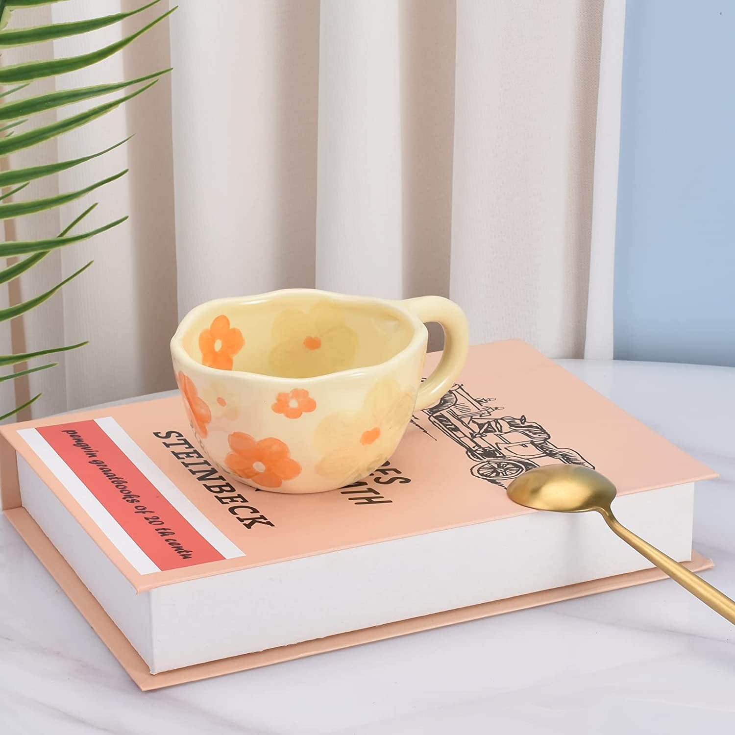 Koythin Ceramic Coffee Mug, Cute Thumb Cup with Saucer for Office and Home, : Koythin Ceramic Coffee Mug, Creative Flower Cup for