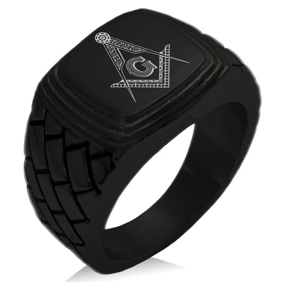 Stainless Steel Freemasons Masonic Floral Compass Geometric Pattern Step-Down Biker Style Polished Ring