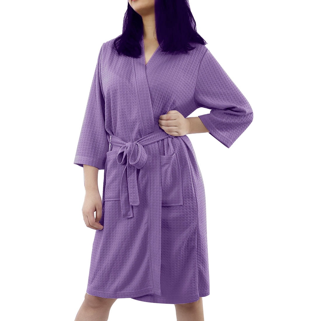 Women's Bathrode Knee Length Knit Waffle Kimono Spa Robe