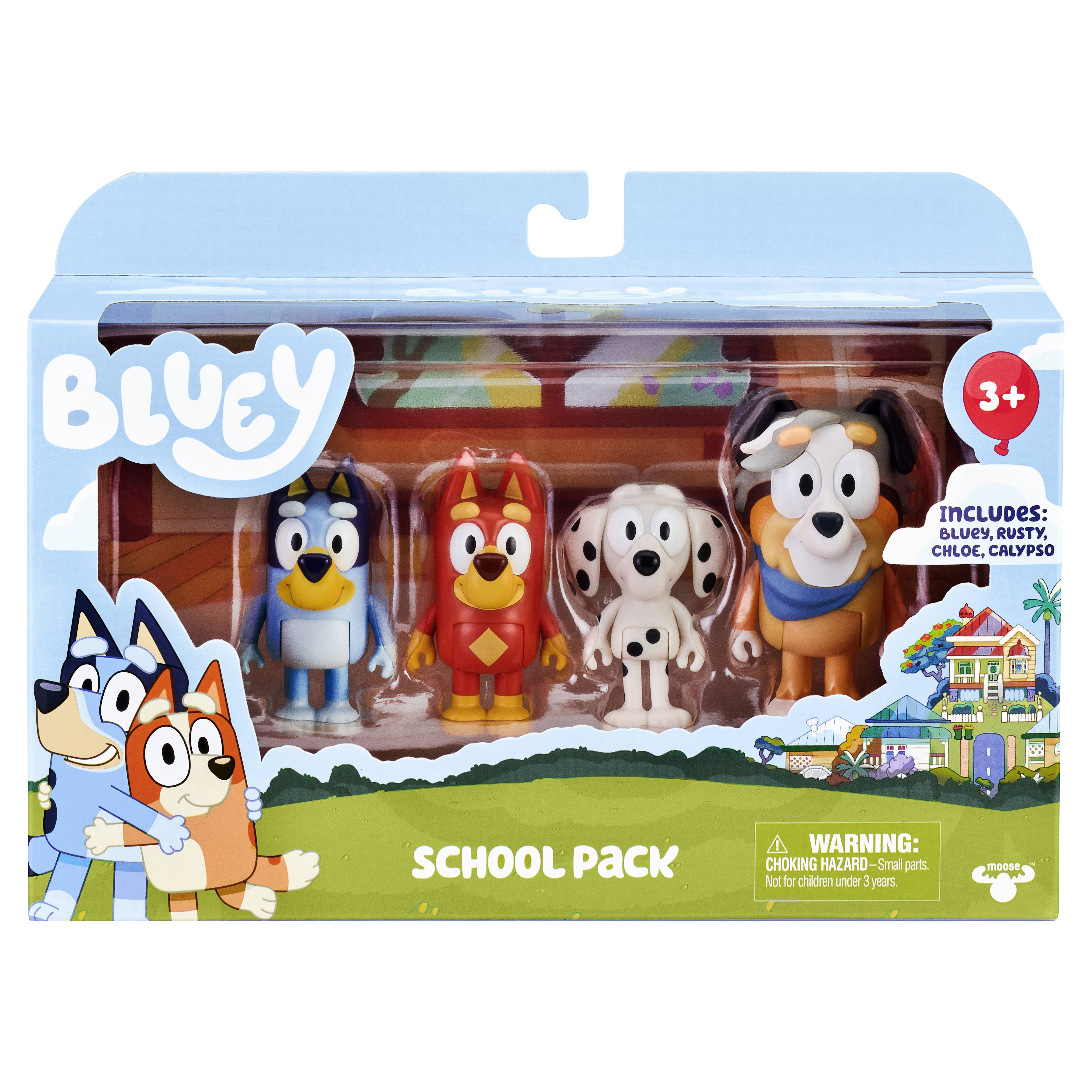 Bluey 4Pack School Figures Set with Bluey, Chloe, Rusty, and Teacher Calypso Articulated Poseable Pl(图2)