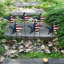 6set 4th of July Metal Barn Star Yard Sign Outdoor Lawn Decor, Patriotic US Flag Star Barn Hanging Ornament Garden Signs Decorative Outdoor Stake July 4th Memorial Day Party Supplies (Small barn)