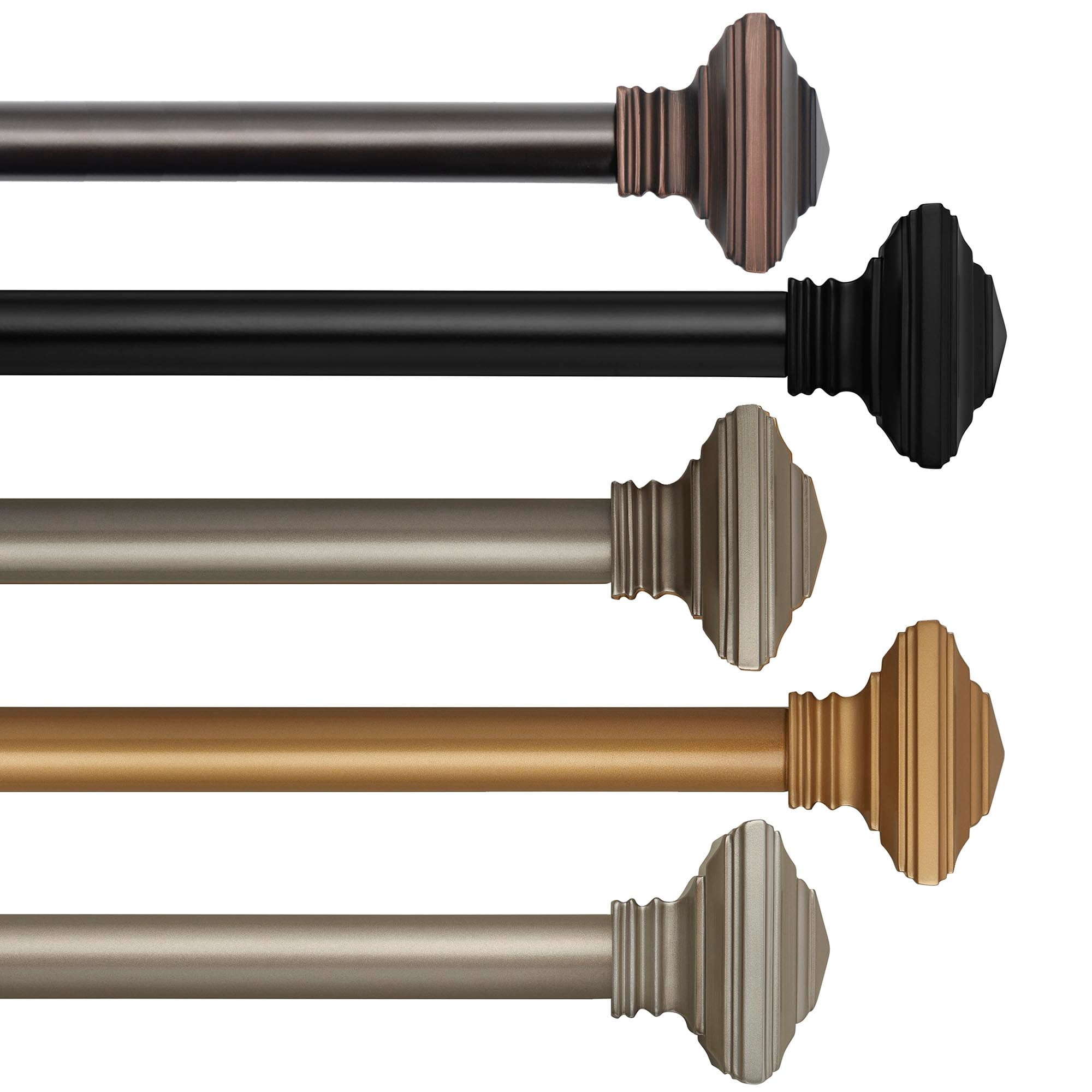 Elrene Home Fashions Florence Single Curtain Rod with Stacked Square Finial, Antique Black, 28" x 48"