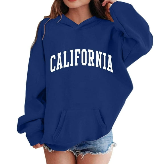 Telankuip Oversized Hoodies for Girls Trendy California Letter Printed Pullover Hooded Sweatshirts Long Sleeve Casual Loose Drawstring Pullover Tops Kid's Workout Preppy Style Navy 7-8 Years