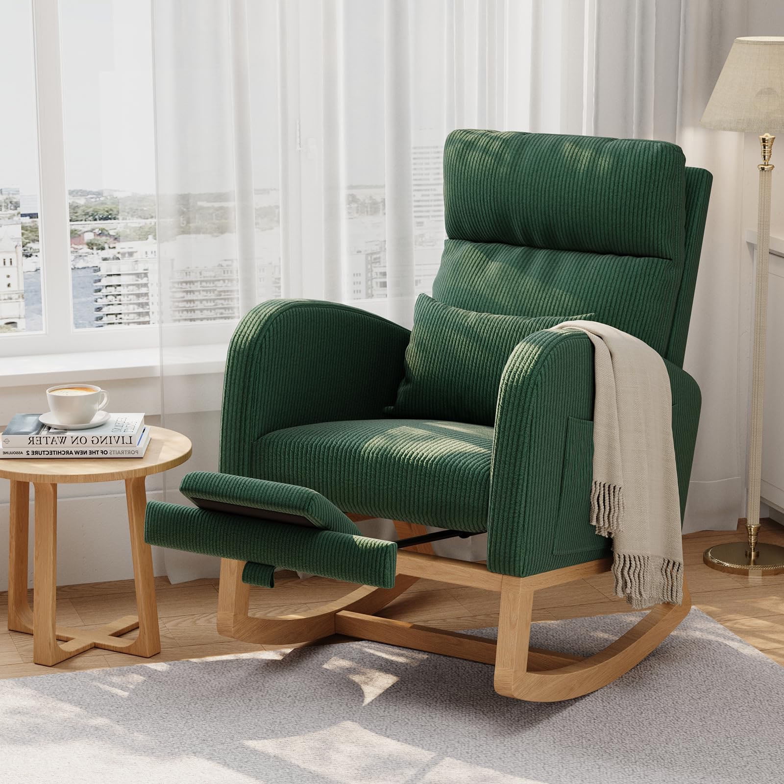 Huisuilinss Rocking Chair With/Without Footrest,Upholstered Glider Rocking Chair,Comfortable Glider Chair With High Backrest,Side Pockets And Pillow,Modern Reclining Chair For Living Bedroom