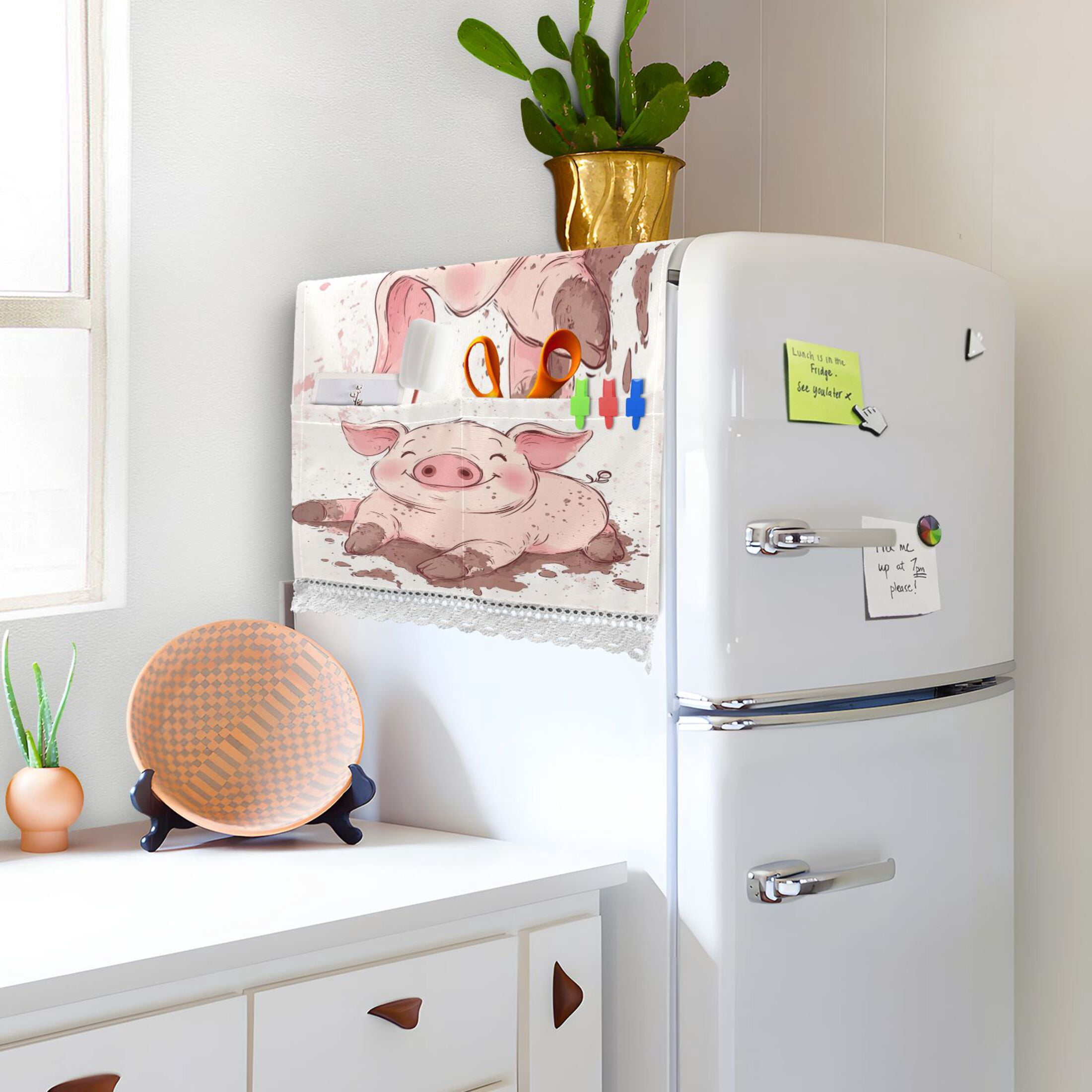 Pink PigWasher and Dryer Covers Dust-Proof and Oil Resistant Fridge Cover with 4 Storage Pockets Washing Machine Top Cover for Laundry Kitchen Home 51.2 x 22 In