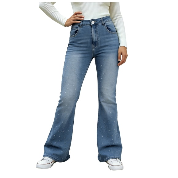 HSMQHJWE Flare Jeans for Women High Waisted Trendy Wide Leg Rhinestone Sparkly Concert Stretchy Denim Pants