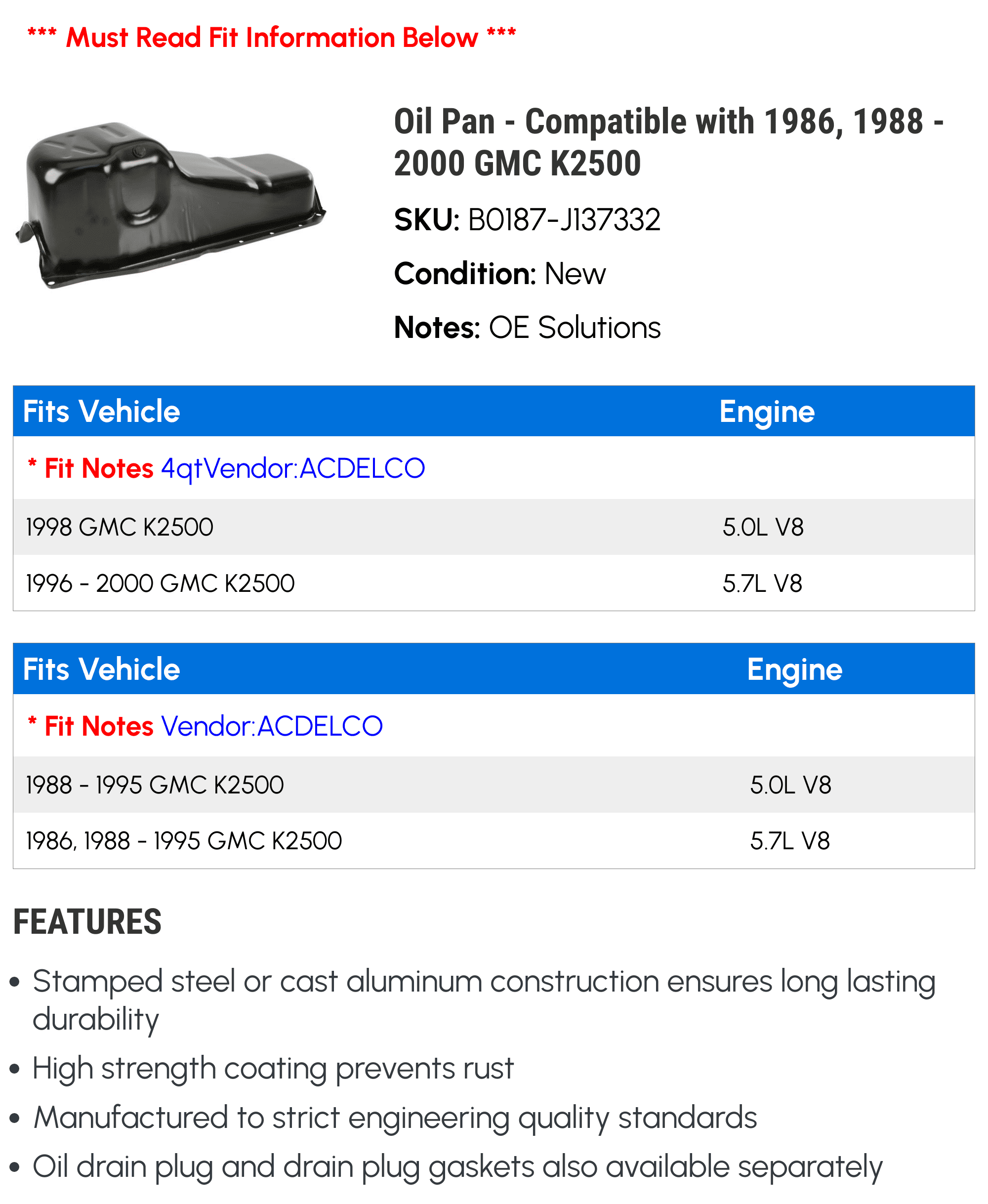 Oil Pan - Compatible with 1986, 1988 - 2000 GMC K2500 - Dorman