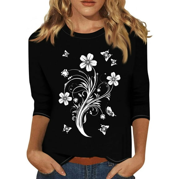 NAMTYQX Shirts for Women Soft Floral Loose Three Quarter Sleeve Trendy Black Size 2XL