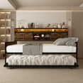 thumbnail image 3 of AENKYO Twin Daybed with Trundle, Charging Station, LED Lights, Storage Headboard with Sliding Barn Doors, Metal Frame, Rustic Brown, 3 of 10