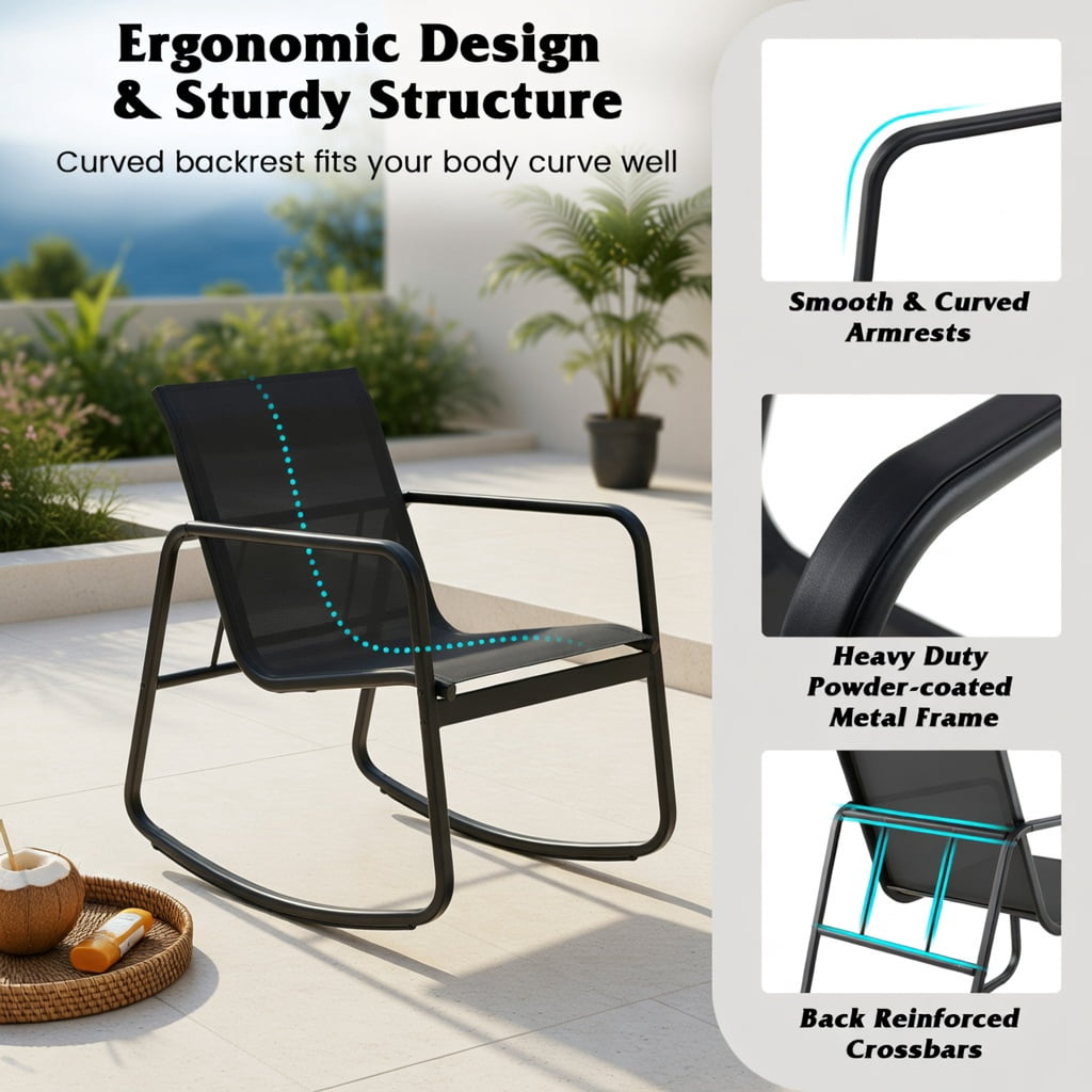 Hommoo 2-Piece Rocking Bistro Set with Tempered Glass Table, Outdoor Patio, Balcony & Backyard Seating for Adults, Black