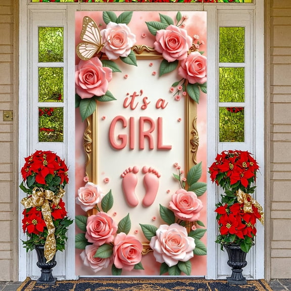 Pink Glitter Welcome Baby Banner Silver Sparkly Backdrop Floral Ornament Display for Baby Shower Newborn Homecoming Girl's Welcome Party