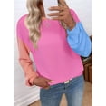 thumbnail image 4 of Womens Long Sleeve Tops Fall Fashion Crewneck Color Block Ribbed Knit Casual Loose Fit Pullover Shirts Rose Red M, 4 of 7