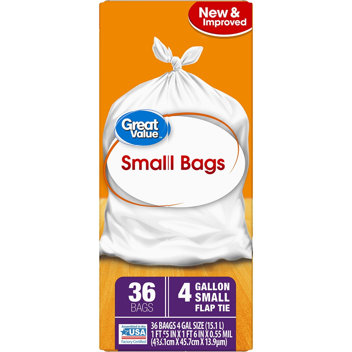 Great Value Small Kitchen Flap Tie Trash Bags, 4 Gallon, 36 Count