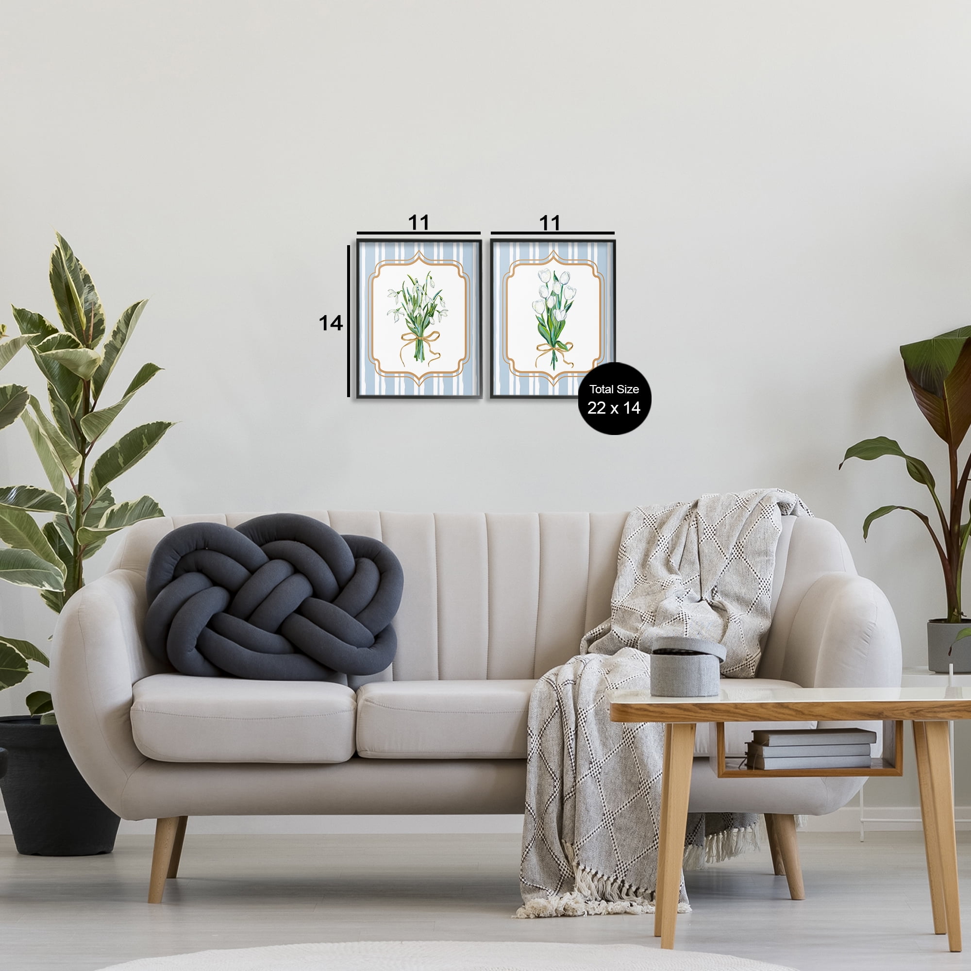 White Flowers Classic Stripes 2 Piece Black Framed Giclee Art Set, design by Adonna Ebrahimi