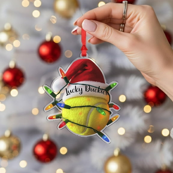 Personalized Tennis Ball Acrylic Christmas Ornament with Santa Hat & Lights Custom Name Sports Holiday Tree Decor, Tennis Lover Home Keepsake