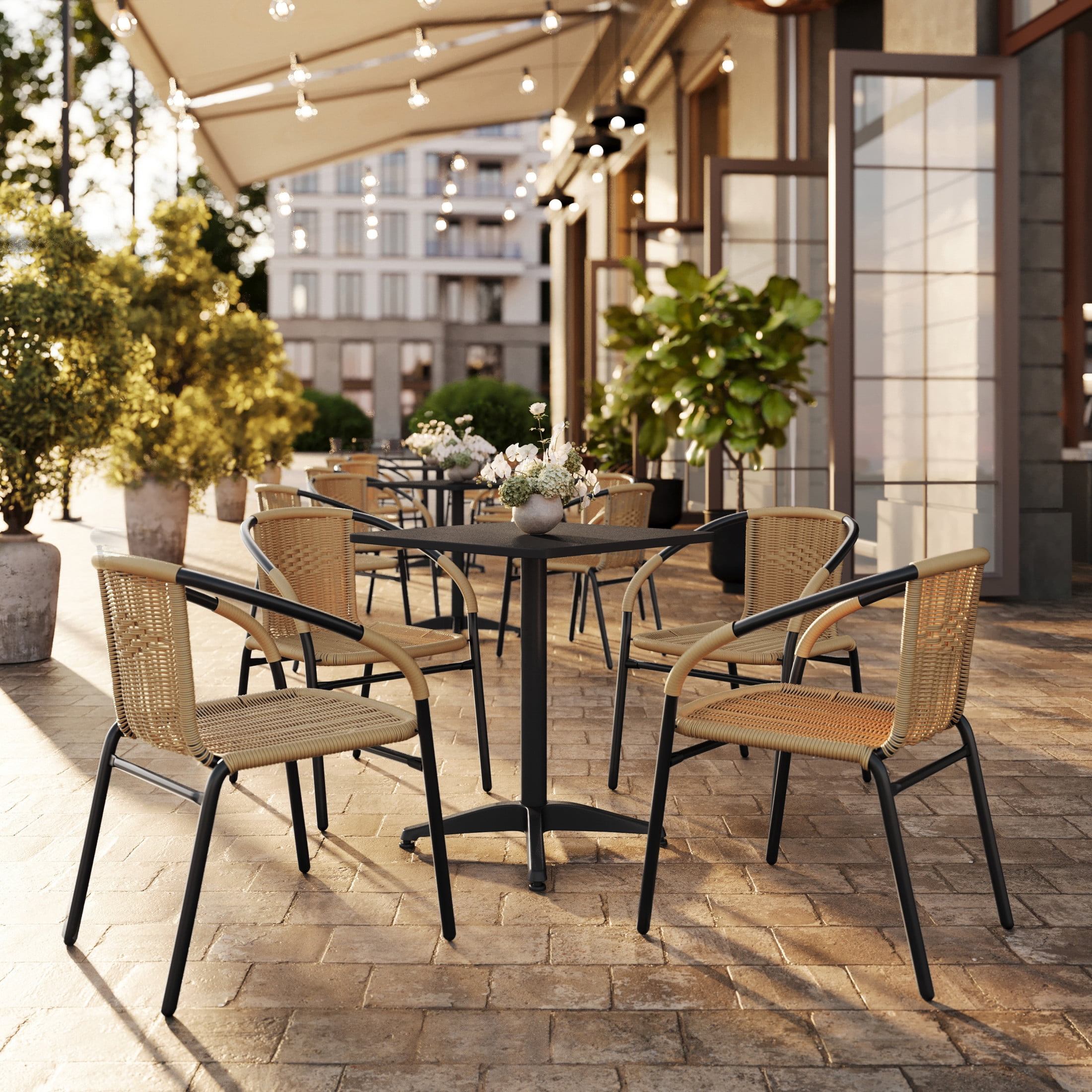 Flash Furniture Set of 4 Commercial Grade Beige Rattan Indoor-Outdoor Restaurant Stack Chairs