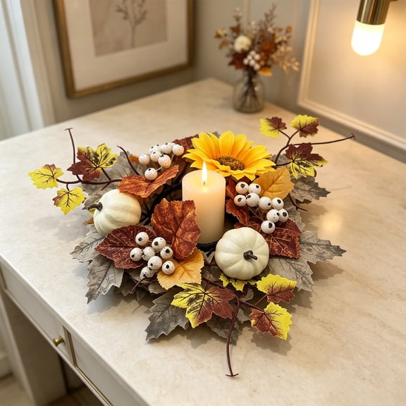 Artificial Flower Candle Ring Wreath for Wedding Centerpiece Table Decor Mini Floral Garland for Party Home Door Decoration Plastic Candle Holder Ring for Pillar Candles Lanterns Vases 1pcs