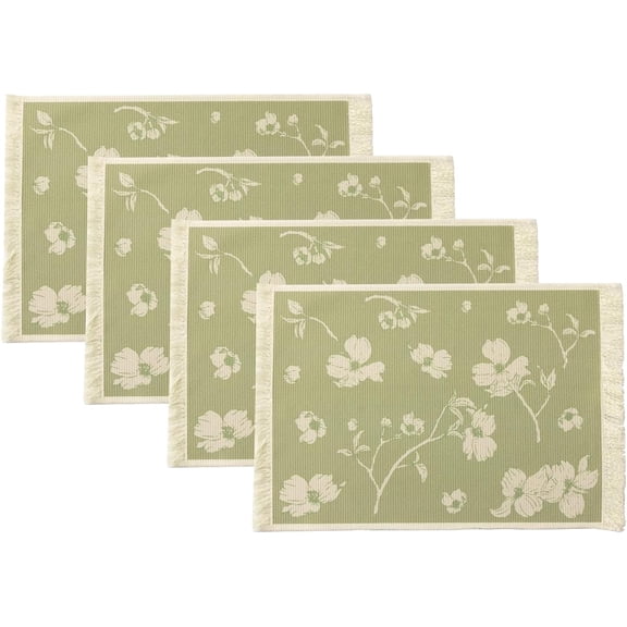 Fennco Styles Floral Printed with Fringe Placemats 14" W x 19" L, Set of 4 - Green Flower Table Mats for Dining Room, Banquets, Family Gatherings, and Holidays