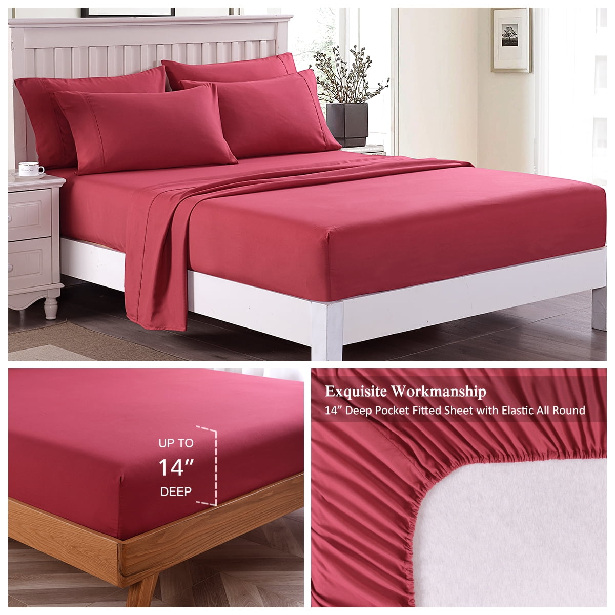 JML Bedding Queen Bed Sheets Set - 4 Piece Bedding - Brushed Microfiber 100% Polyester - Shrinkage and Fade Resistant - Easy Care (Queen, Burgundy)