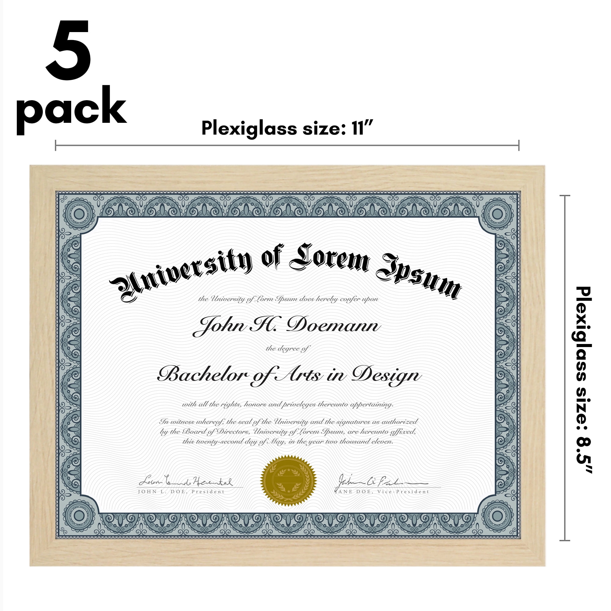 Americanflat 8.5x11 Diploma Frame with Polished Plexiglass 5 Pack Legacy Collection Certificate - Natural Oak