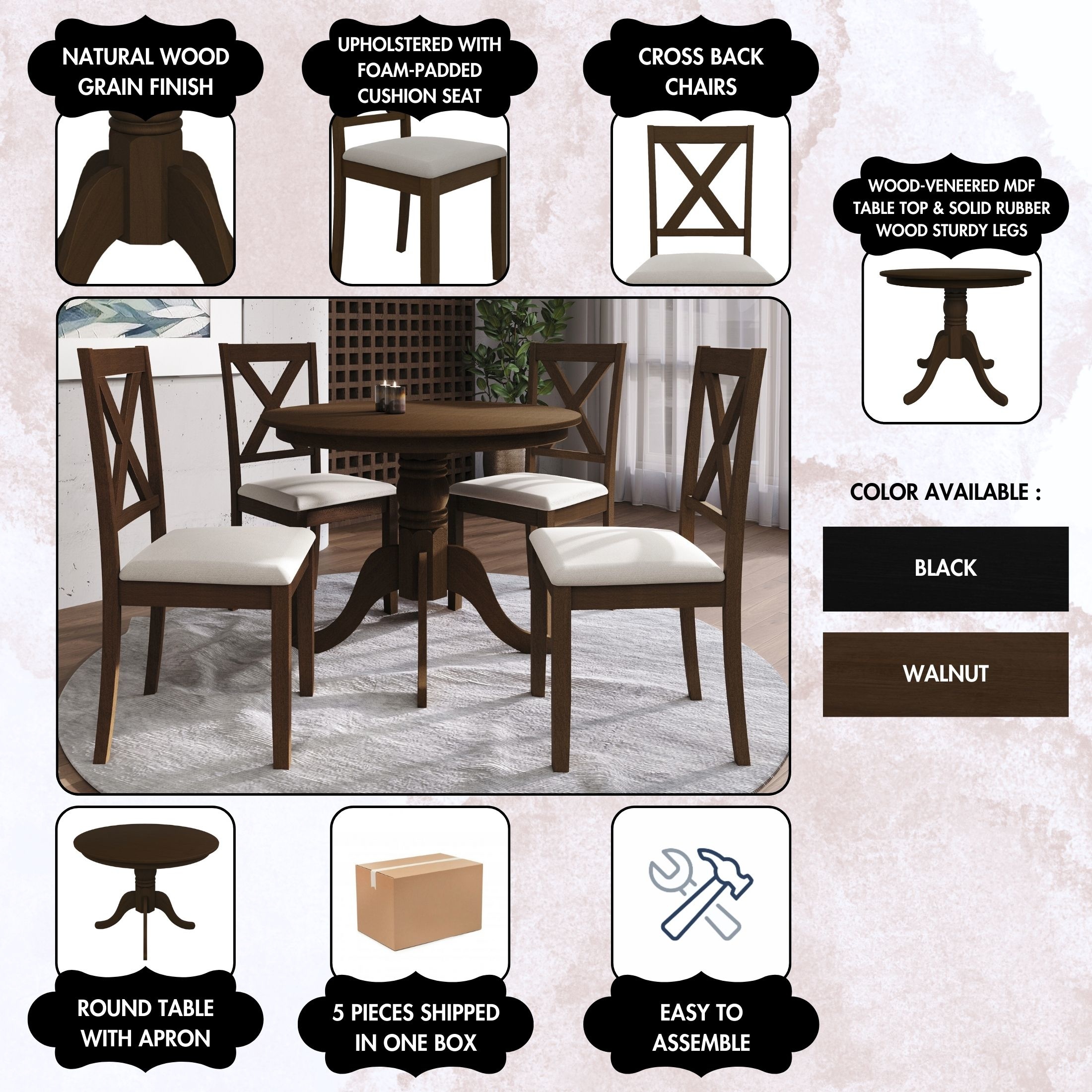 Castle Place 5-Piece Rustic Wooden Indoor Dining Table and Chairs Set, Brown