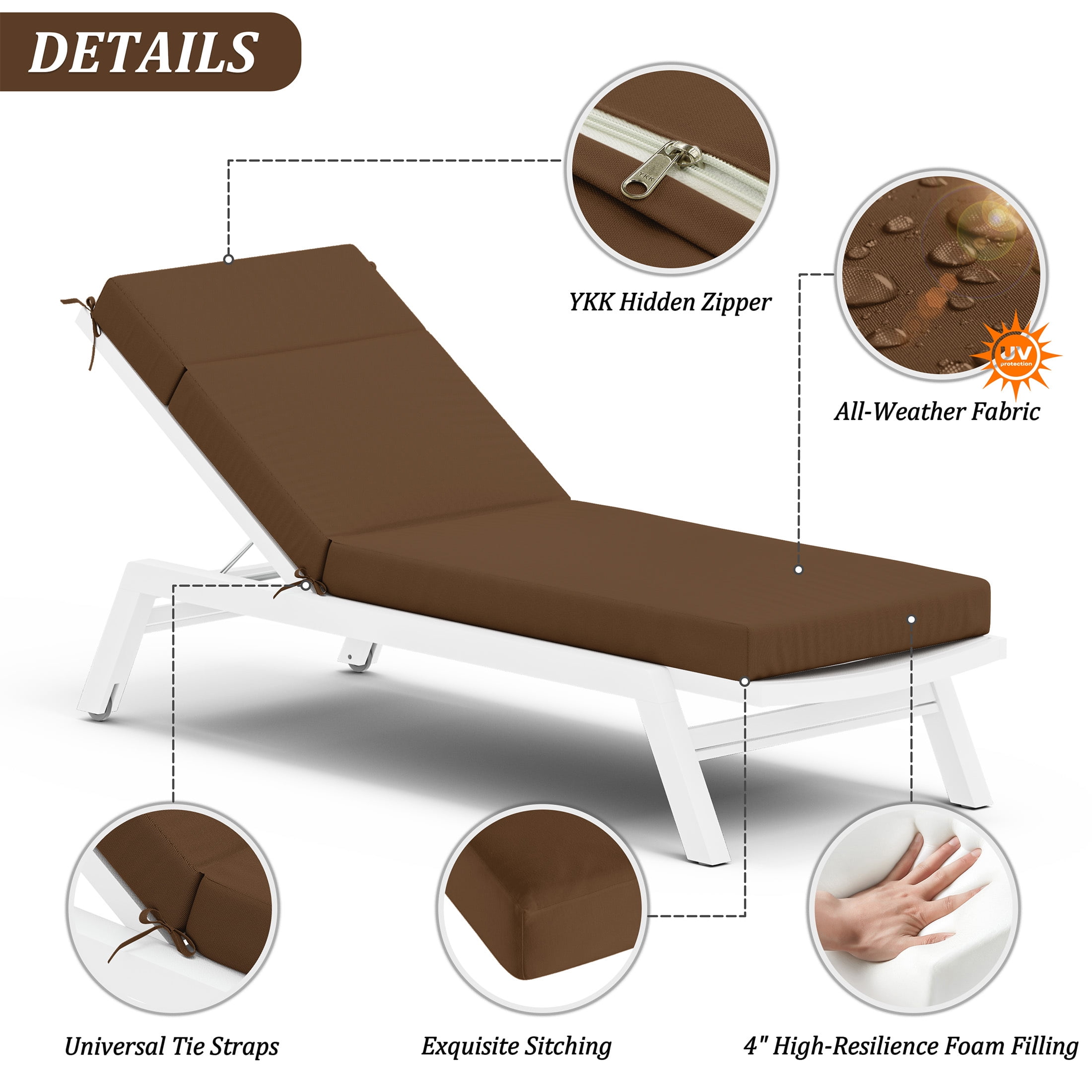 Pakunoda Chaise Lounge Cushions Set of 2, 72" x 21" x 4" Outdoor High-Density Foam Patio Furniture Lounger Replacement Cushions with Zipper Ties Water-Resistant for Pool, Chocolate