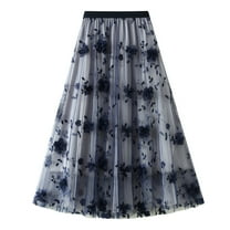 Lu's Chic Women's Tulle Skirt Tutu Floral Printed Tea-length Elastic Waist A-line High Waisted Layered Mesh Midi Length Pleated Skirts Navy One Size