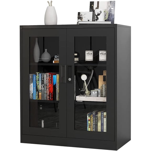 YYEAN Metal Storage Cabinet with Glass Doors - 35.4" Locking Display Cabinet with 2 Adjustable Shelves for Home Office, Living Room, Bedroom
