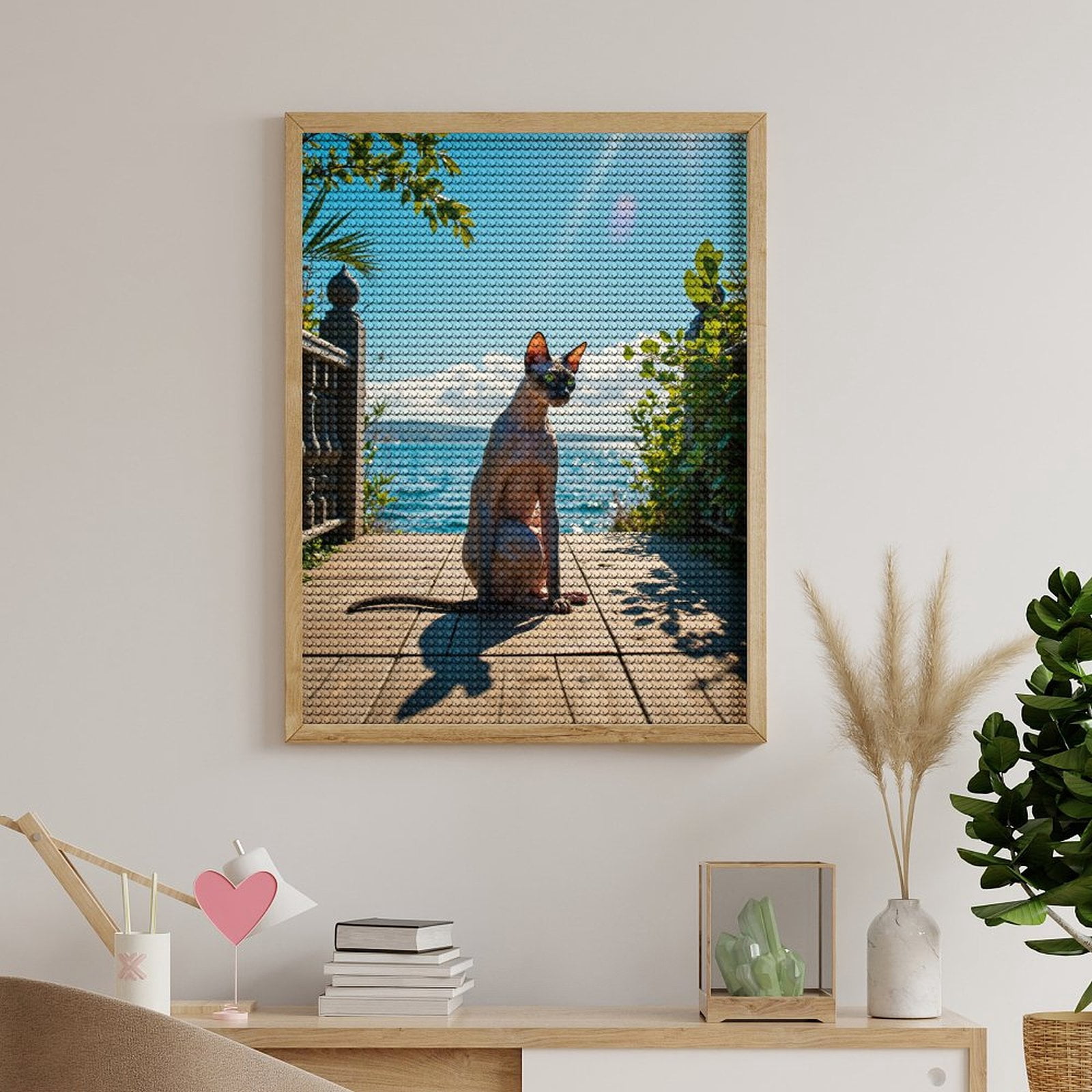Diamond Art Kits for Adults, Cat Sunlit Deck Ocean View 5D Diamond Painting Kits for Adults Beginners, DIY Full Drill Diamond Painting, Gem Art and Crafts 12x16