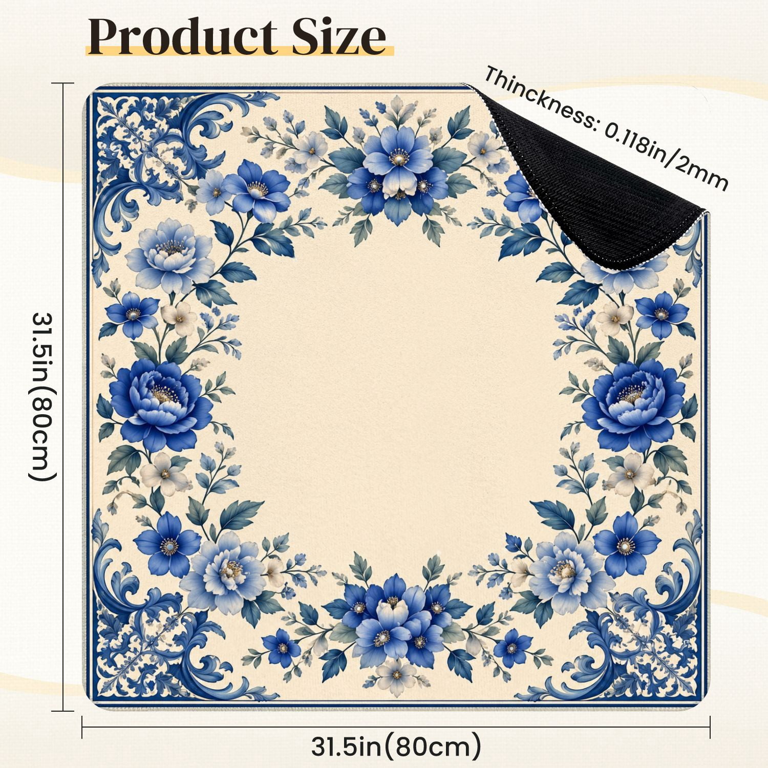 Mahjong Mat 31.5" x 31.5" Blue Floral Border Peonies Non-Slip Noise Reduction Mahjong Tiles Table Cover for Dominoes Poker Card Board and Tile Games