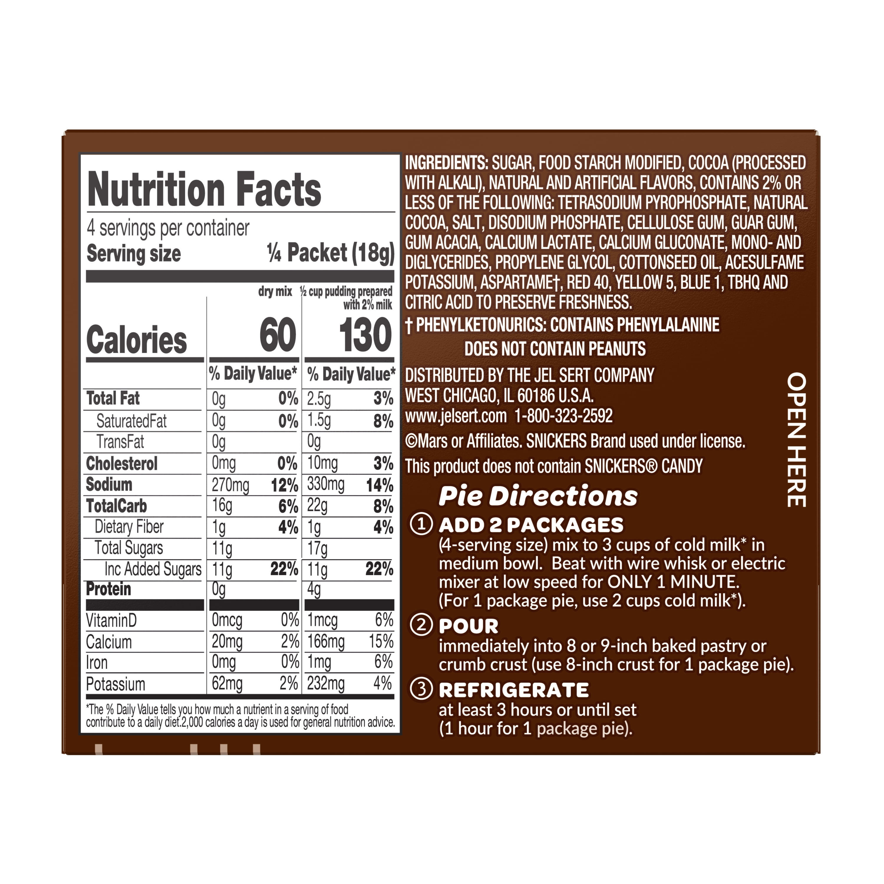 (4 pack) SNICKERS™ Milk Chocolate Pudding & Pie Filling, Fat-Free, 3.03 oz, Box