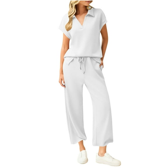 LIaqionyy Women Sweatsuits Lounge Set Short Sleeve Tops Wide Leg Sweatpants 2 Piece Sets Tracksuit Outfits