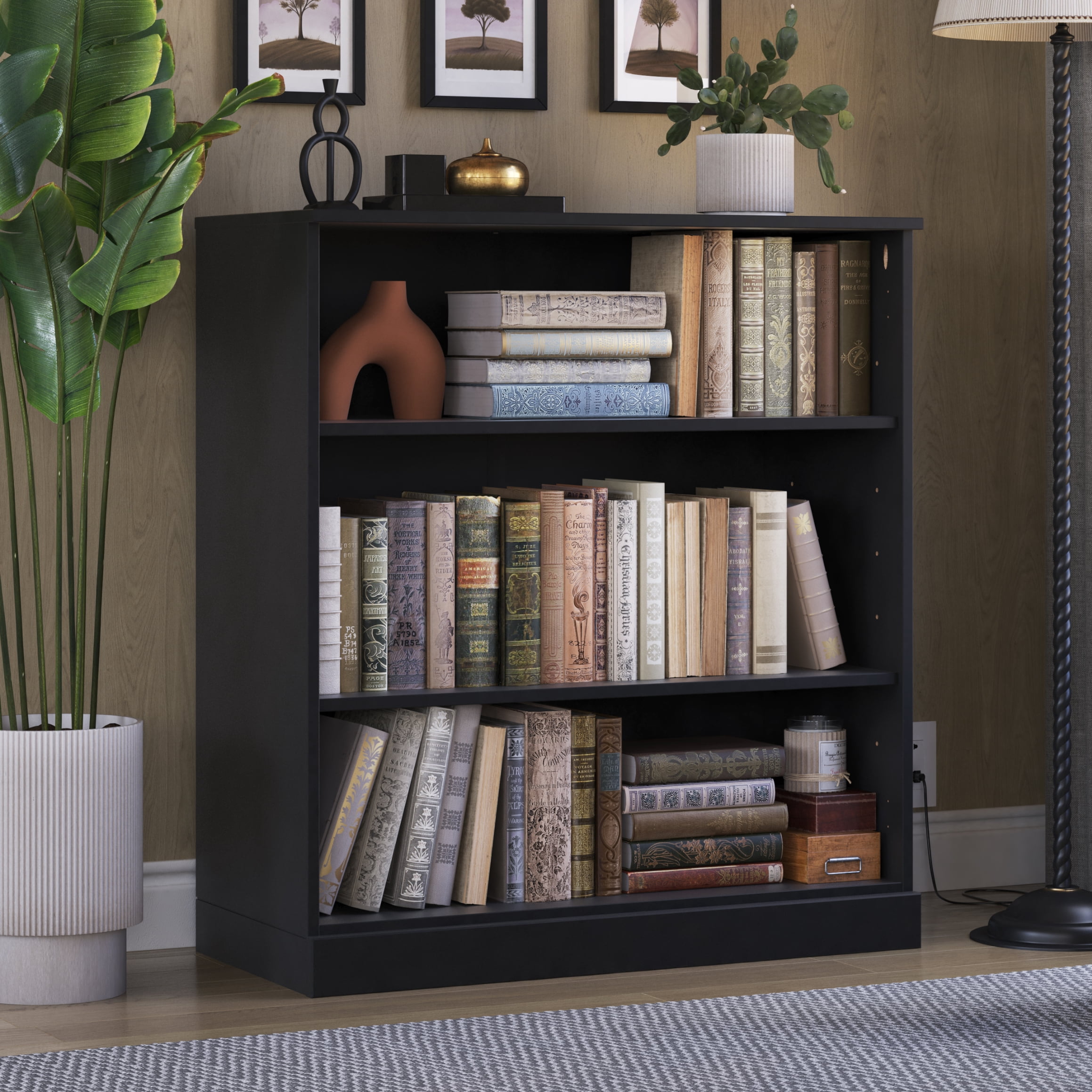 Palace Imports 100% Solid Wood 3-shelf Bookcase with Adjustable Shelves, Black