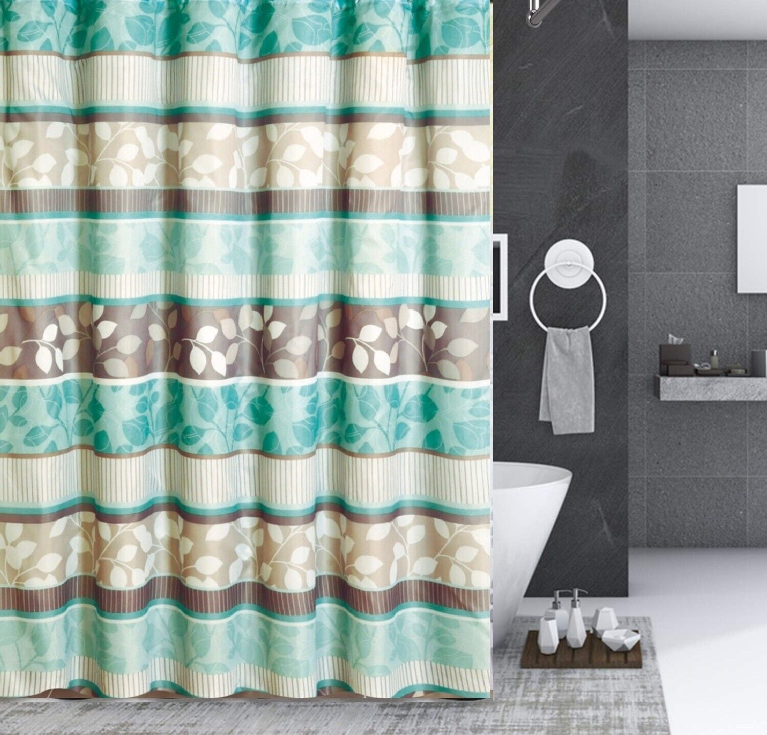 17 Pieces Bathroom Complete Set Shower Curtain with Hooks and Ceramic Accessories Set ( Zen Brown )