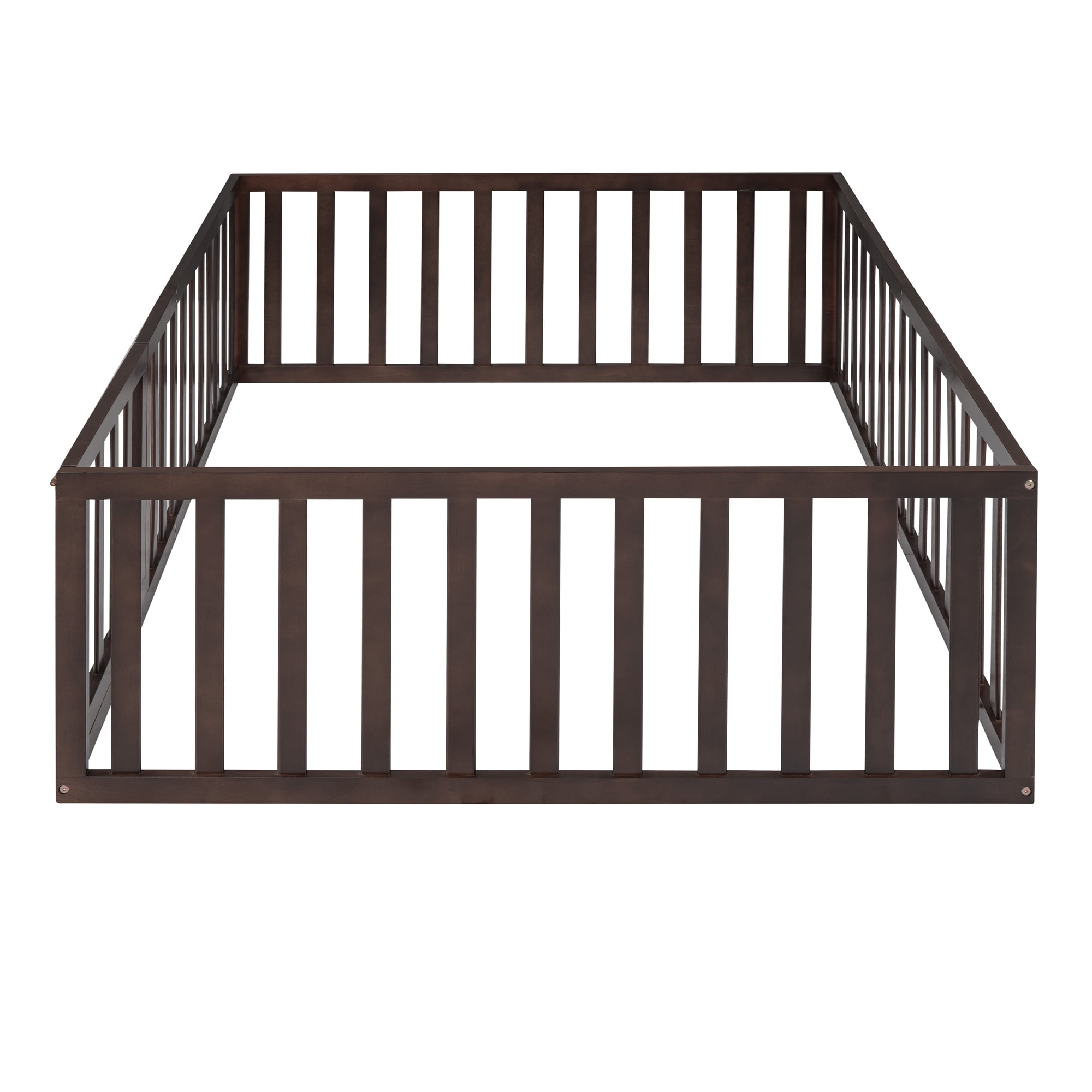 Mintazer Full Floor Bed with Guardrails & Hinged Gate Door, Montessori Toddler Floor Bed Frame for Kids, Walnut